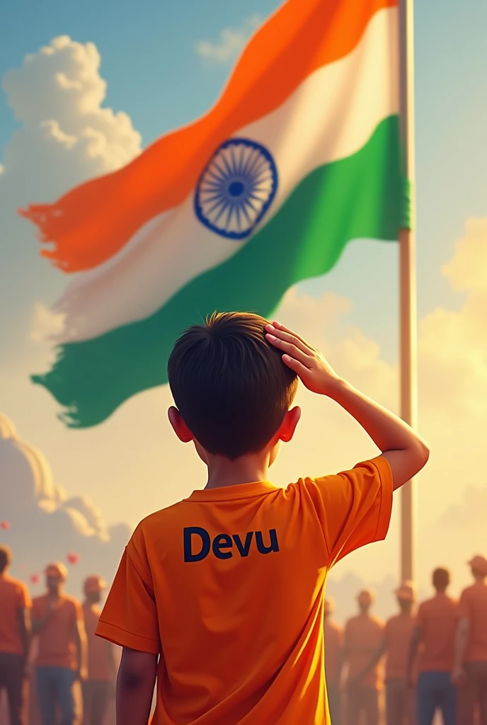 A boy whose t-shirt has Devu written on the back and the colour of his t-shirt is orange, he is saluting the Indian flag but his hand is on his forehead