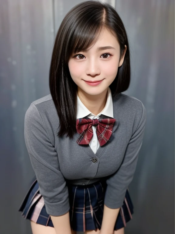 (kawaii 18 year-old Japanese girl is standing on the floor, leaning forward, put two hands on one's knees, Nogizaka idol, Korean idol), healthy female athlete body, (glossy black hair, short hair, pixie cut, bangs:1.3), (rounded face, pure black eyes, single eyelid, no makeup, splashing smile:1.2), (wearing Japanese school uniforms, blazer jacket, collared shirt, bow tie:1.3), extra small breasts, (plaid skirt, bare thighs visible:1.2), BREAK, (simple grey background:1.3), (dynamic angle, cowboy shot, thigh focus:1.2), BREAK, (masterpiece, best quality, photo realistic, official art:1.4), (UHD, 8K quality wallpaper, high resolution, raw photo, golden ratio:1.3), (shiny skin), professional lighting, physically based rendering, award winning, (highly detailed skin, extremely detailed face and eyes, anatomically correct body), Carl Zeiss 85 mm F/1.4, depth of field, 1girl, solo,