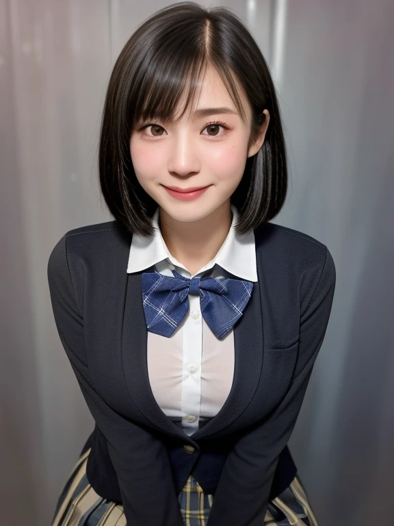 (kawaii 18 year-old Japanese girl is standing on the floor, leaning forward, put two hands on one's knees, Nogizaka idol, Korean idol), healthy female athlete body, (glossy black hair, short hair, pixie cut, bangs:1.3), (rounded face, pure black eyes, single eyelid, no makeup, splashing smile:1.2), (wearing Japanese school uniforms, blazer jacket, collared shirt, bow tie:1.3), extra small breasts, (plaid skirt, bare thighs visible:1.2), BREAK, (simple grey background:1.3), (dynamic angle, cowboy shot, thigh focus:1.2), BREAK, (masterpiece, best quality, photo realistic, official art:1.4), (UHD, 8K quality wallpaper, high resolution, raw photo, golden ratio:1.3), (shiny skin), professional lighting, physically based rendering, award winning, (highly detailed skin, extremely detailed face and eyes, anatomically correct body), Carl Zeiss 85 mm F/1.4, depth of field, 1girl, solo,