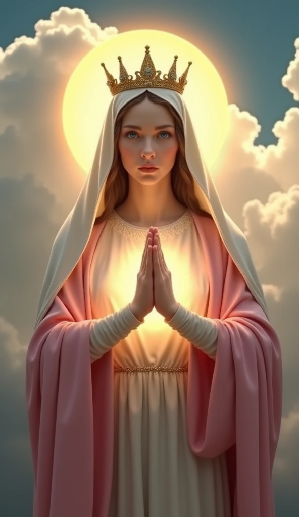 Perfect five-fingered hands, Portrait of a beautiful Virgin Mary wearing pink clothes of queen with the queen crown shining the light from her head and heart all over in the clouds, Virgin Mary, Real blue eyes, sunny day, Intricate details.real Virgin Mary, Straight head face, straight body.Prayer Virgin Mary, perfect full body, Perfect fingers,Prayer Virgin Mary, praying Virgin Mary backgrounds natural photographic