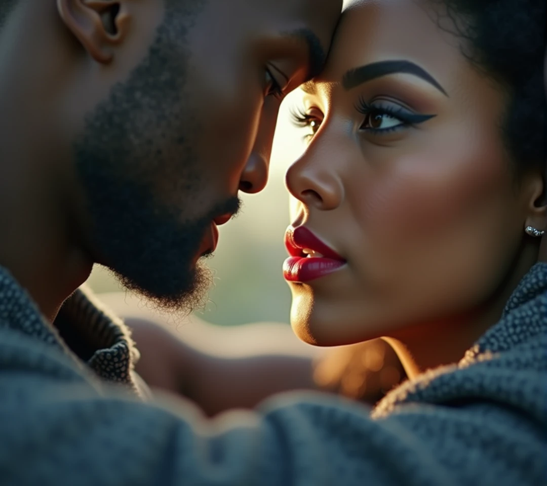 a close-up shot of a handsome black man short haircute and an Afro-Latina woman red lips kissing, their lips close together, cinematic lighting, romantic atmosphere, detailed facial features, beautiful skin tones, chiaroscuro lighting, dramatic shadows, intense eye contact, passionate embrace, high quality, photorealistic, 8k, cinematic, dramatic