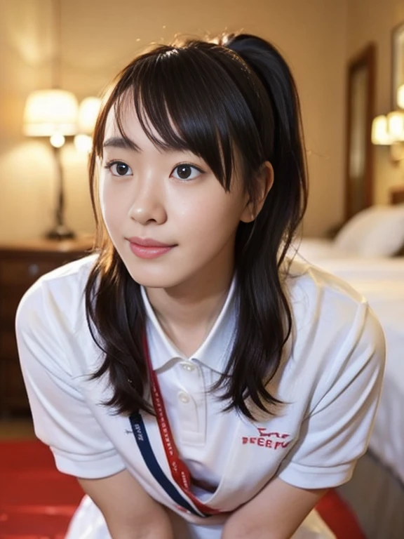 (Masterpiece, Best quality:1.3), (Ultra realistic, Photo-realistic:1.2), looking at each other, Natural light, 28 years old actress, Japanese beautiful 2 women, Neat and clean, (White damaged tennis uniform, White short-sleeve polo shirt with darknavy line collar:1.1), (unbutton:1.2), (White pleated skirt:1.1), white sock, (ponytail:1.2), (Beautiful faces), Oval face, clear, Beautiful eyes, Kind eyes, Clear skin, Small face, Beautiful mouth, Small mouth, Natural makeup, Approachable, Seductive smile, (Seductive pose:1.2), Beautiful thighs, Bedroom eyes, Embarrassed, Blush, Luxury hotel Suite room, On bed, (nsfw:1.2), obscene reality of girls, (lesbian couple, 2girls, petting together:1.1), grabbing crotch, erotic touch, kneeling, (restraint:1.1)