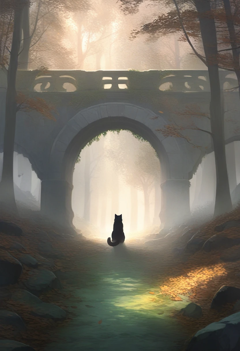 ((Masterpiece)), ((Best Quality)), (Very Detailed), ((Very Detailed)), 4K, (8K), very aesthetic, absurdres highres, 1 woman, (anthropomorphic cat, furry, kemono:1.5), A cold-colored dawn, a mysterious forest with pale light shining through the backlight. Fog settles between the trees, highlighting the texture of the tree bark. The shadows of animals can be seen in the mist, and a carpet of fallen leaves spreads out. There is a mysterious and quiet atmosphere. A faint light shines through the trees, and the mist gently diffuses the light. In the distance, an old stone bridge stands out in the mist, with moss growing on top of it. Every time the wind blows, the leaves on the trees rustle and the mist moves slowly.