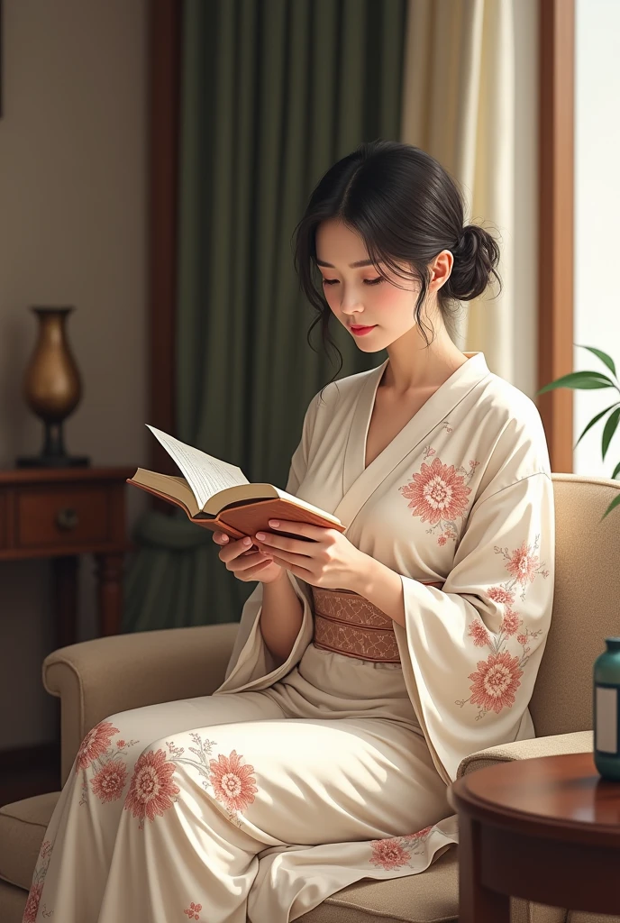 In an elegant home、Wearing an embroidered silk nightgown、A Japanese woman quietly enjoying reading。