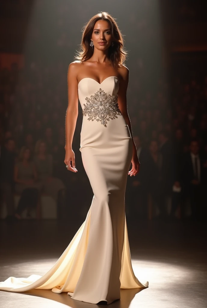 Elegant pale color strapless bodycon evening gown, taken on stage, beauty queen standard