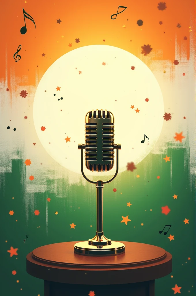 Create an image with a subtle gradient background in the colors of the Indian flag (saffron, white, green). In the center, include a classic microphone or vintage record player as the focal point, symbolizing music. Overlay the background with gentle silhouettes or artistic illustrations of musical notes and instruments. Add a touch of elegance with a faint floral design or abstract patterns around the edges. The image should convey a sense of respect and celebration for the legendary musicians whose music continues to inspire