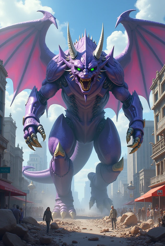 a purple mechanical dragon with two silver horns on its head, wings fused to its two front arms, emerald green eyes, golden claws are bared, tearing apart the city in broad daylight