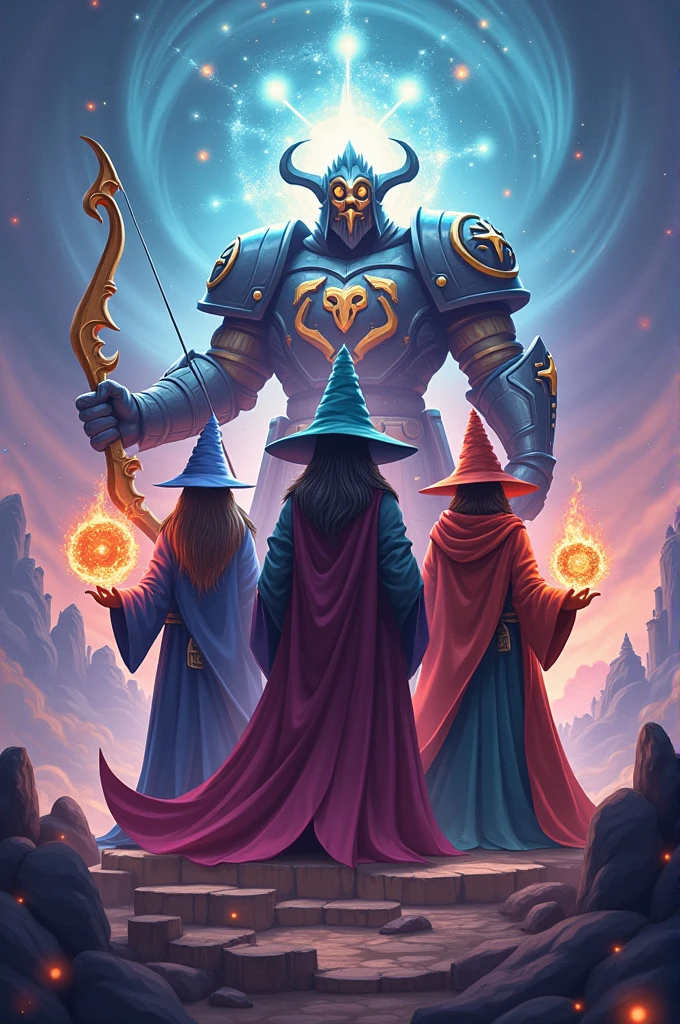 Genera una imagen Delos 3 magos de clasroyale y al arquero mágico de clasroyale con el pekka de atrás de ellos y que en la imagen diga WE❤️MAMI CHULA