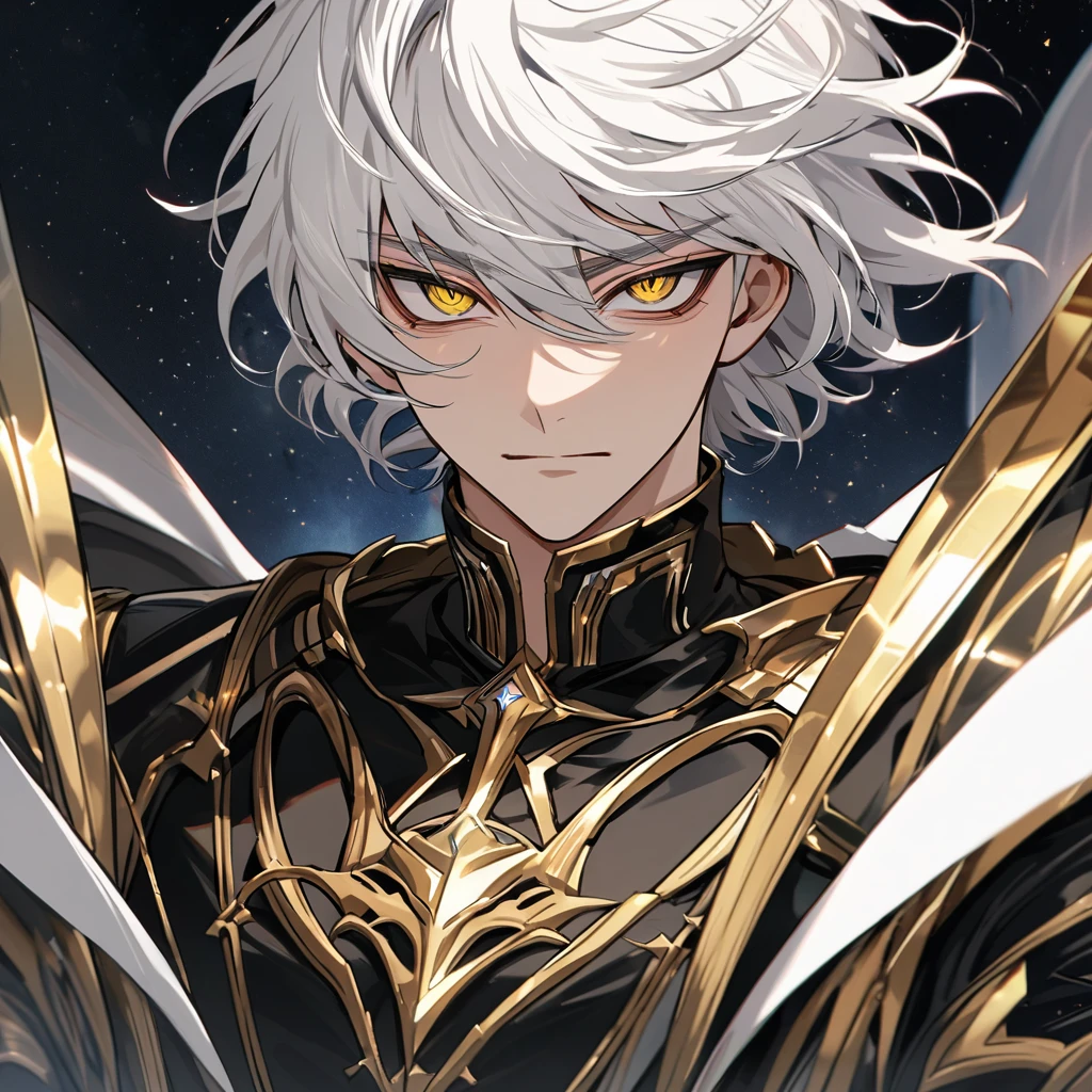 High quality, HD, 4k, no shadows, handsome male, handsome, 1male, 18 years old, 18yo, short white hair, white hair, white hair, white hair, sharp eyes, deep golden colored eyes, dark gold colored eyes, deep gold eyes, gold eyes, devil may cry, close up, calm expression, stoic expression, black leather clothes, white leather clothing, lean body, well trained body, upper body, looking at viewer, cowboy shot, white solar, space background