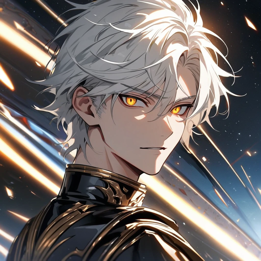 High quality, HD, 4k, no shadows, handsome male, handsome, 1male, 18 years old, 18yo, short white hair, white hair, white hair, white hair, sharp eyes, deep golden colored eyes, dark gold colored eyes, deep gold eyes, gold eyes, devil may cry, close up, calm expression, stoic expression, black leather clothes, white leather clothing, lean body, well trained body, upper body, looking at viewer, cowboy shot, white solar, space background