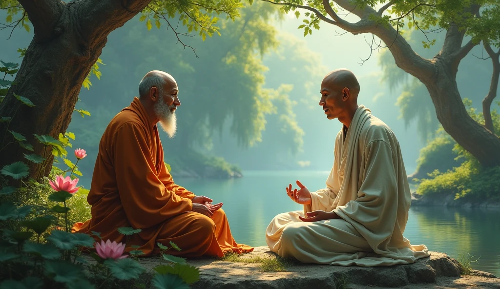 A monk giving advise to another monk in nature