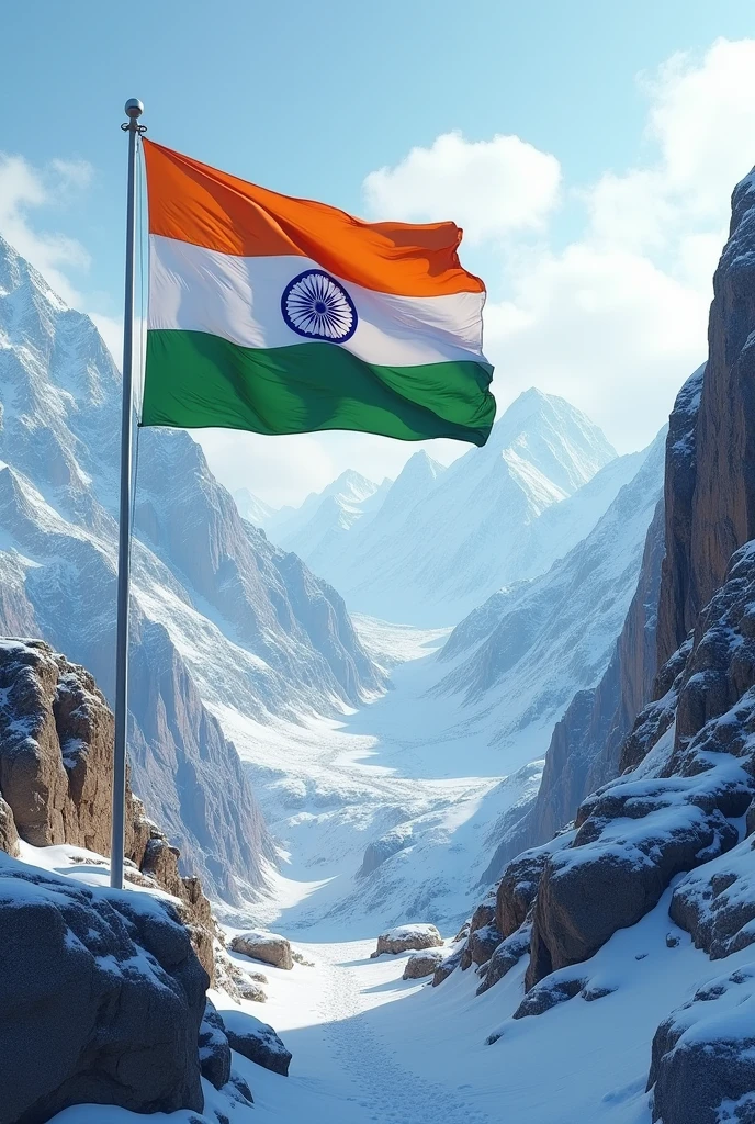 Indian flag flying in snow sky mountain with rocky name logo
