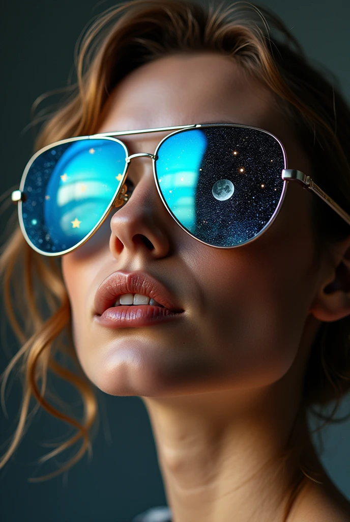 The model is wearing glass sunglasses with stars and the moon on the glass