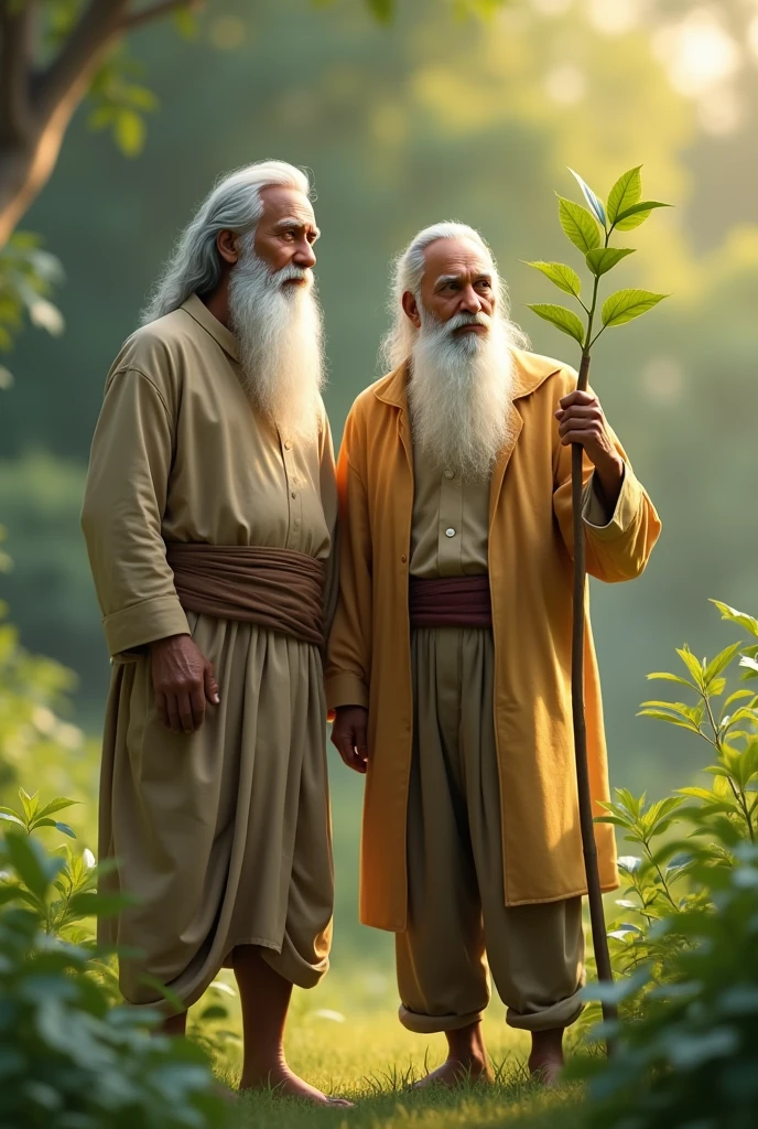 10. **Raju and An elderly, wise-looking man with a long white beard and a walking stick mix Together**: Raju, now confident and happy, stands with the old man near the grown plant. They both look at the plant with satisfaction, symbolizing Raju growth and the wisdom he gained.