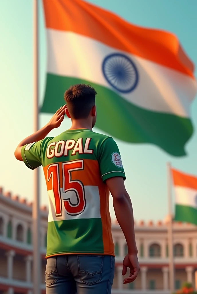 A 32 years old man salutes the national flag of Bharat and he is wearing a shirt print is like Bharat flag and ” GOPAL ” and 15 number and republic day in small written on it’s back in big and bold fonts, 3d illustration.