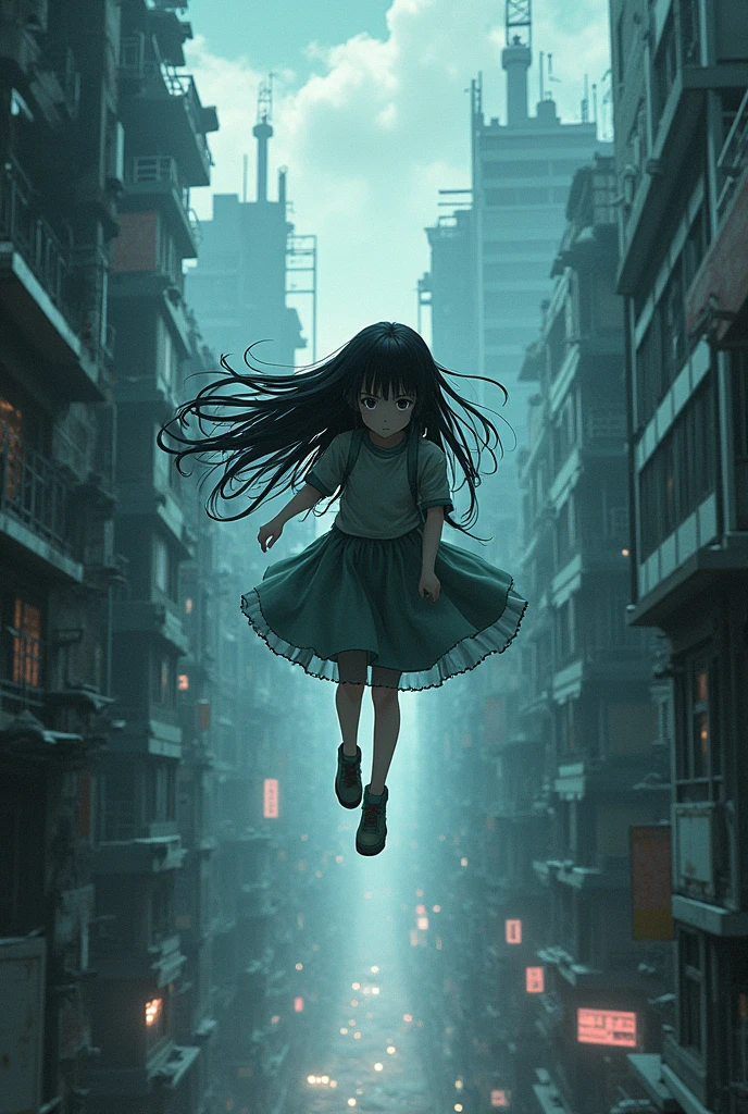 Size 1242x2688 pixels,Anime & Western Comics Series,3D Model。A girl with long black hair,A cool shot of her descending from the sky,A scene of ruins in the background,Original style,Cinematic Lighting。Cyberpunk light,close-up view,Ultra High Definition 4k8k,webp