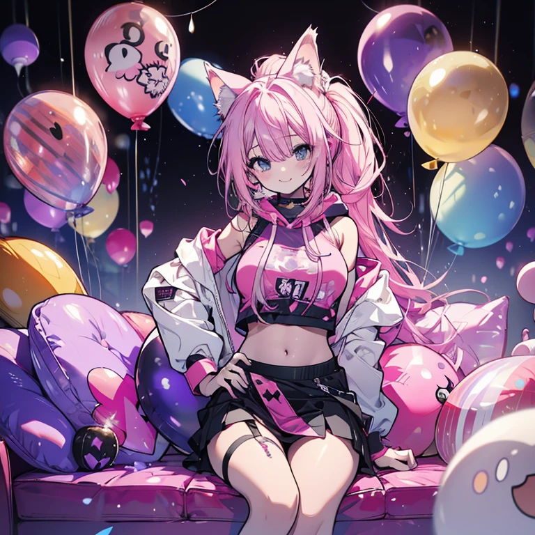 1 person、Mature、Ample breasts、Long Hair、Pink Hair、Cat ear、headphone、ponytail、Voluminous hair、Purple balloon、Bubble gum、smile、Belly button、hoodie、、garter、sit、Lots of balloons、Purple balloon、sofa、pastel colour、High resolution、Highest quality、