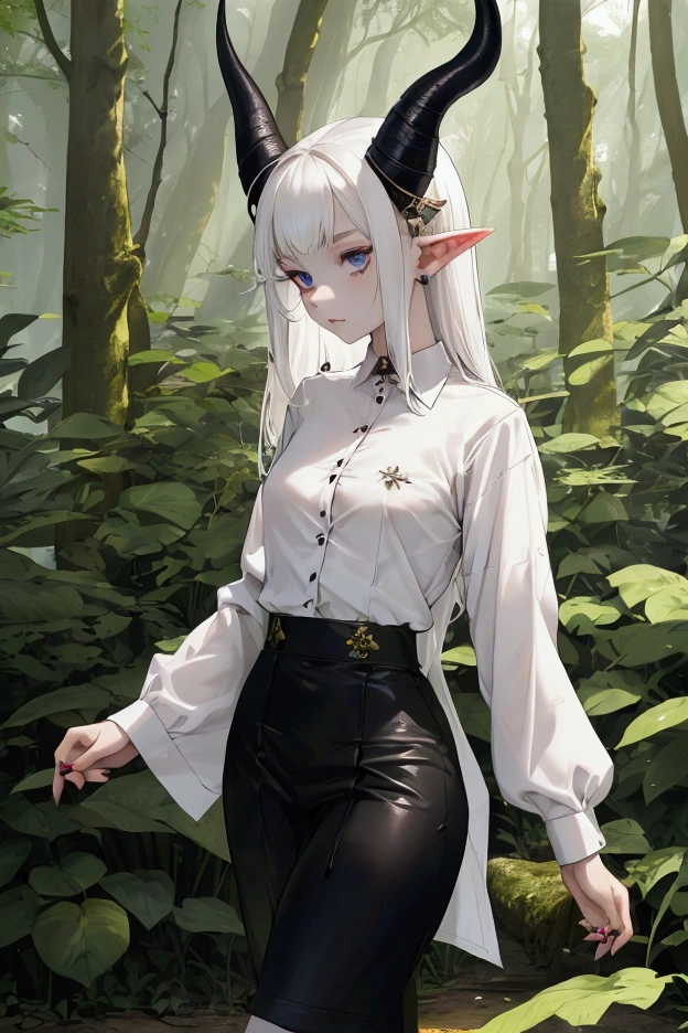 thin girl with flat chest and pale skin, pointed ears and horns on her head. wearing a white men's button-down shirt as the only garment, walking through a forest. black nails on the tips of the feet and hands.