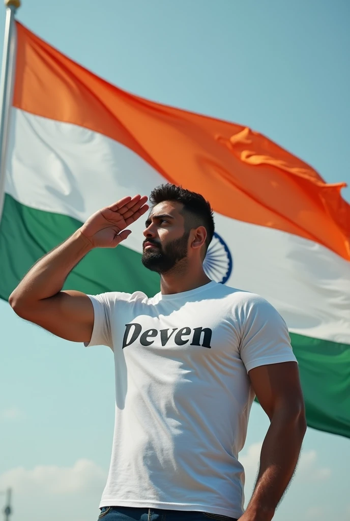 Create a photo of republic day on 15 August. A fit man saluting the Indian flag . The man wearing t shirt naming deven on it 