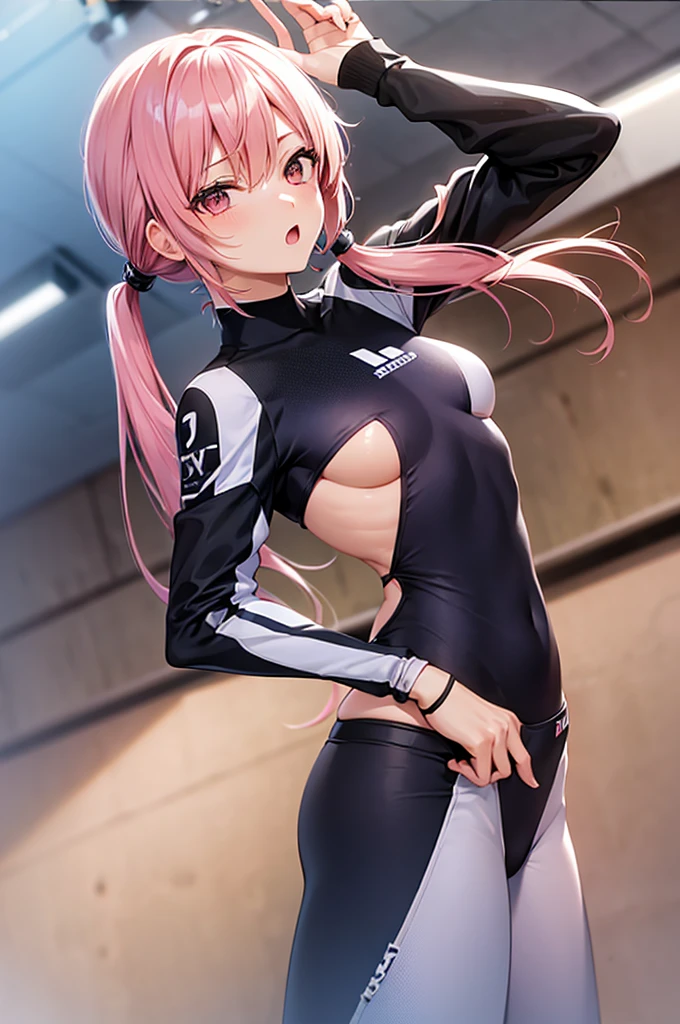 masterpiece, best quality,anime style, 1 girl,(((slender body))), (((small eyes,small breast))),(((athlete suit))), (beautiful face), (((short twintail))), (((straight hair))), ((((pink hair)))),detailed beautiful skin, (perfect hands, perfect ),scream