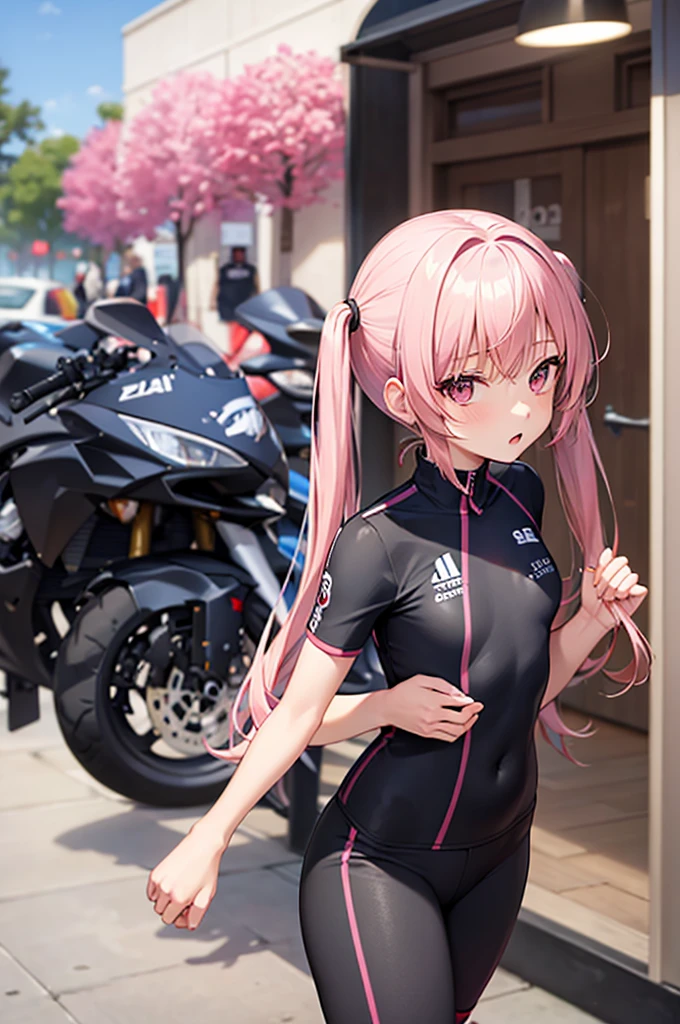 masterpiece, best quality,anime style, 1 girl,(((slender body))), (((small eyes,small breast))),(((athlete suit))), (beautiful face), (((short twintail))), (((straight hair))), ((((pink hair)))),detailed beautiful skin, (perfect hands, perfect anatomy),scream