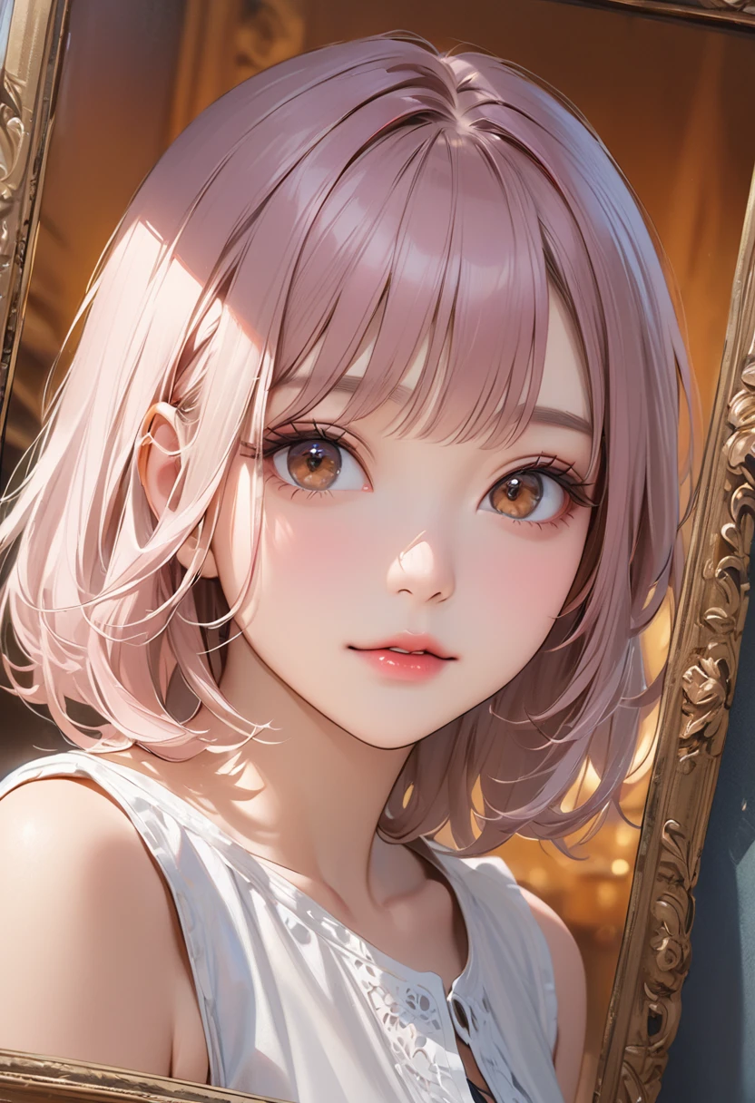 Highest quality, masterpiece, Ultra-high resolution, Realistic:1.2, RAW Photos, Intricate details, Portraiture, big, beautiful brown eyes:1.2, Perfect contours, Perfect Proportions:1.2, one person's, break ((Mouth close-up:1.2, (From above:1.2), look up:1.2)), ((small, short, small:1.2)), Light brown hair、((Long Hair, Twin tails:1.2)), (compensate:1.2, Fuller lips:1.3, Pink Lips:1.3, Glossy Lips:1.3, Lips parted:1.2), (Stroll through the lavender fields:1.2), ((Silk sleeveless shirt:1.2, Silk Long Skirt, Low heels)), break ((Place one arm above your head、Place one arm in front of your knee、My hair is about to blow away in the wind:1.3、Leaning forward:1.2))、(Embarrassed expression:1.2、Pretty angry), (The background is a lavender field:1.2、Lavender swaying in the wind, A few tourists are walking), ((Gust of wind:1.2)), (Underarm:1.2), (Empty-handed)
