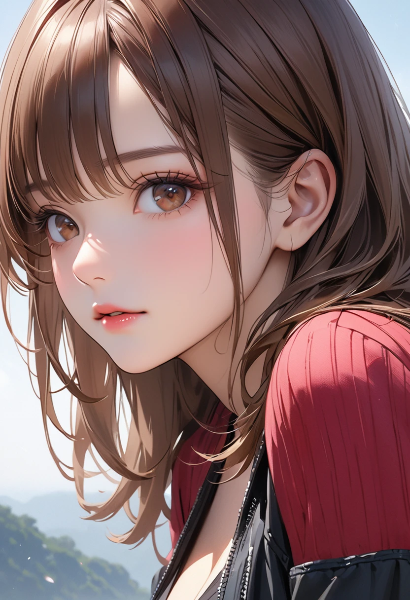 Highest quality, masterpiece, Ultra-high resolution, Realistic:1.2, RAW Photos, Intricate details, Portraiture, big, beautiful brown eyes:1.2, Perfect contours, Perfect Proportions:1.2, one person's, break ((Mouth close-up:1.2, (From above:1.2), look up:1.2)), ((small, short, small:1.2)), Light brown hair、((Long Hair, Twin tails:1.2)), (compensate:1.2, Fuller lips:1.3, Pink Lips:1.3, Glossy Lips:1.3, Lips parted:1.2), (Stroll through the lavender fields:1.2), ((Silk sleeveless shirt:1.2, Silk Long Skirt, Low heels)), break ((Place one arm above your head、Place one arm in front of your knee、My hair is about to blow away in the wind:1.3、Leaning forward:1.2))、(Embarrassed expression:1.2、Pretty angry), (The background is a lavender field:1.2、Lavender swaying in the wind, A few tourists are walking), ((Gust of wind:1.2)), (Underarm:1.2), (Empty-handed)