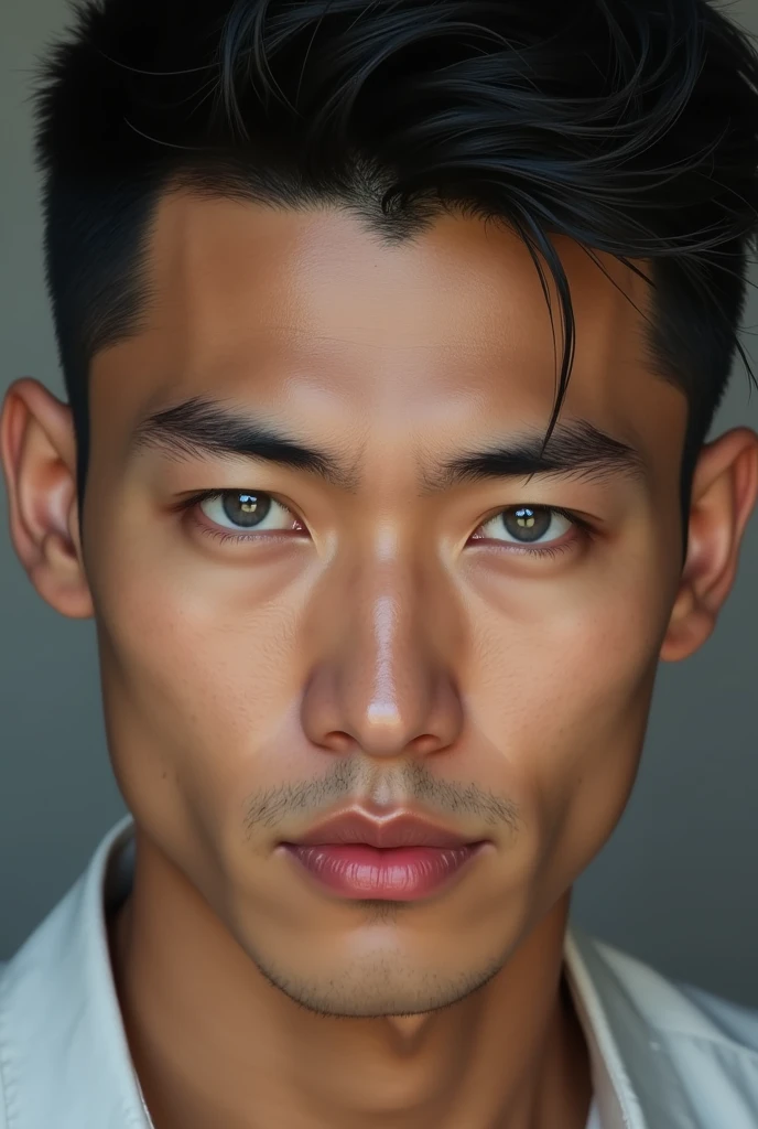 (photorealism:1.2), asian man, grey eyes