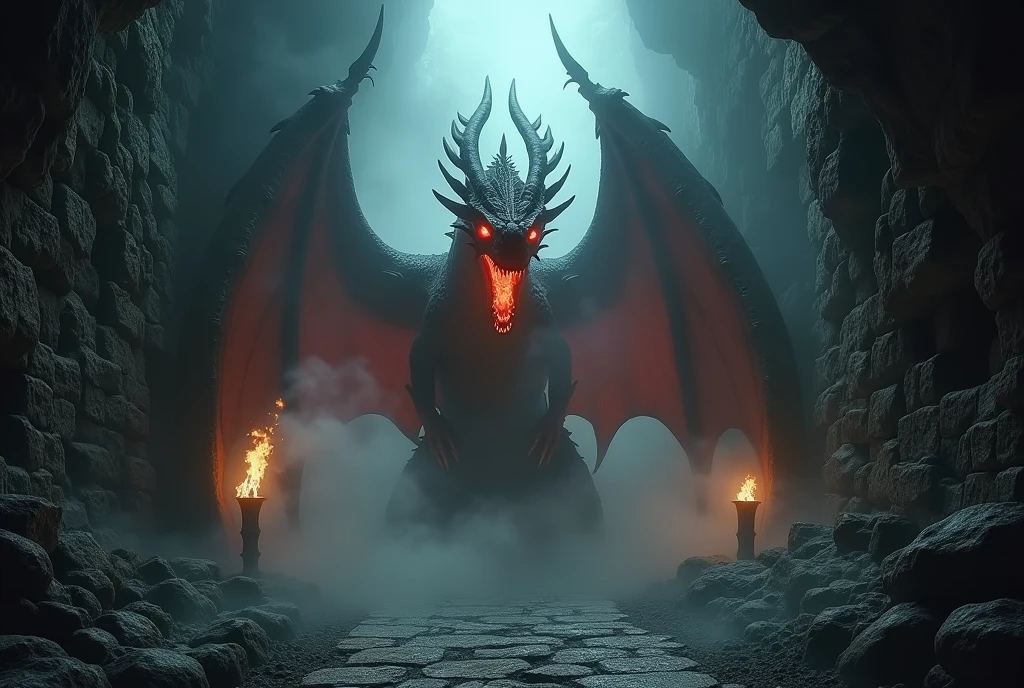 a mysterious fog, a fire-breathing red dragon emerging from the fog, an underground labyrinth made of stone walls, Illuminated by torchlight, fantasy RPG style, high quality, photorealistic, detailed, dramatic lighting, moody color palette, eerie atmosphere, cinematic composition, epic scale, mythical creatures, intricate details, sense of wonder, exploration, adventure