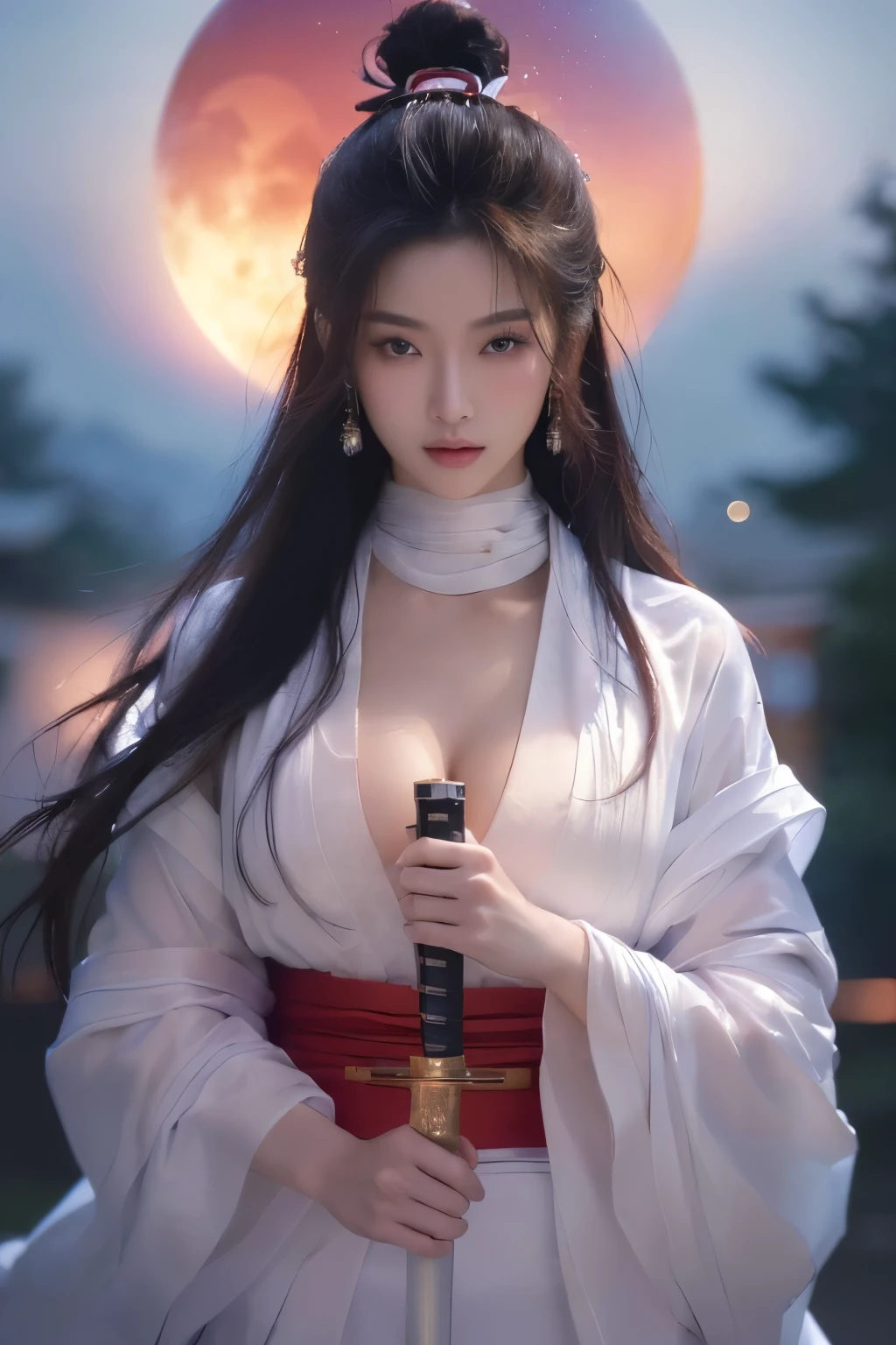 (masterpiece,best quality, photo realistic:1.3), asian beautiful woman , two hands holding a katana, samurai armor, kimono, white bandage wrap, cleavage, fair skin, photo realistic , uhd image, glassy translucence, vibrant illustrations, ultra realistic, long hair, straight hair, serious ,portrait, bokeh, mysterious, night, moon, sky, clouds