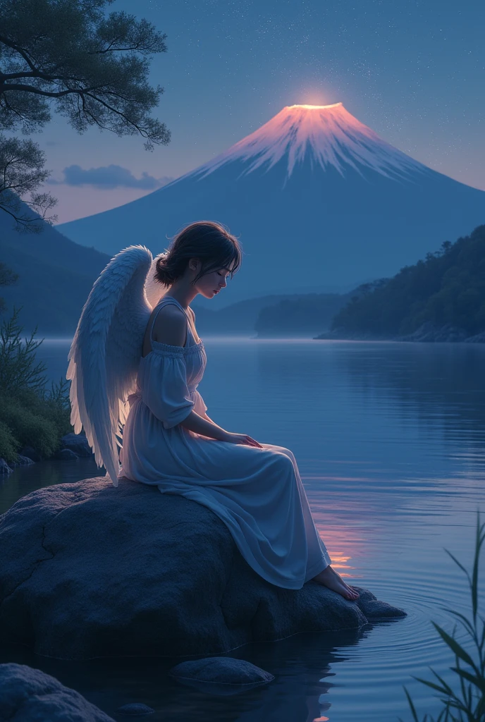 a sad angel, sitting on a large rock on the river bank at dusk, mt.fuji, Starry sky