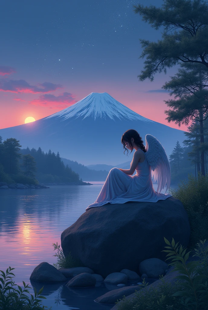 a sad angel, sitting on a large rock on the river bank at dusk, mt.fuji, Starry sky