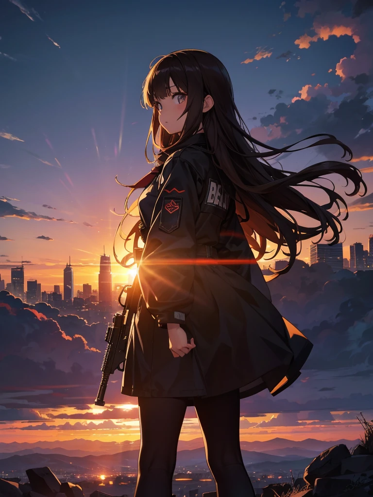 force, Multiple names, Cityscape, building, Skyline, sunset, Silhouette against a cloud background, meditation. Watching the beautiful sunset, sunset時に, sunset時, sunsetとともに, In the sunset, Nice views, Sunset view, With the sunset, sunset時に, During Golden Hour, looking sunset時に, Sunset in the background, Watching the sunset, Get noticed, Holding_gun, assault_rifle, Very detailed, Brown Hair, Long Hair, Anime Style, whole body, alone, Stylish Gunfighter Girl, スチームパンクの長gun身ピストルを持っている,Standing in the Wilderness, 8K high resolution, White Background, The background is a dark and desolate landscape, Horror movie atmosphere. Her figure is very beautiful, Emphasizing the dark and crazy elements. Skillfully expressing the effects of light and shadow, Anime girls with guns and rifles, from Girl&#39; Forefront, Mechanized Soldier Girl, &#39; Forefront style