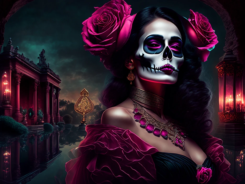 Create an elegant and mysterious cover art featuring a powerful woman in a nighttime cemetery. Her face is either half a skull and half rosy and feminine, or adorned with Mexican sugar skull makeup. She holds a glass of wine or champagne, with a cigarette or cigar between her lips. The scene should evoke a spiritual and mystical atmosphere, reflecting the seductive and strong characteristics of Pombagira Rosa Caveira. The overall style should be dark yet sophisticated, with a touch of the supernatural."