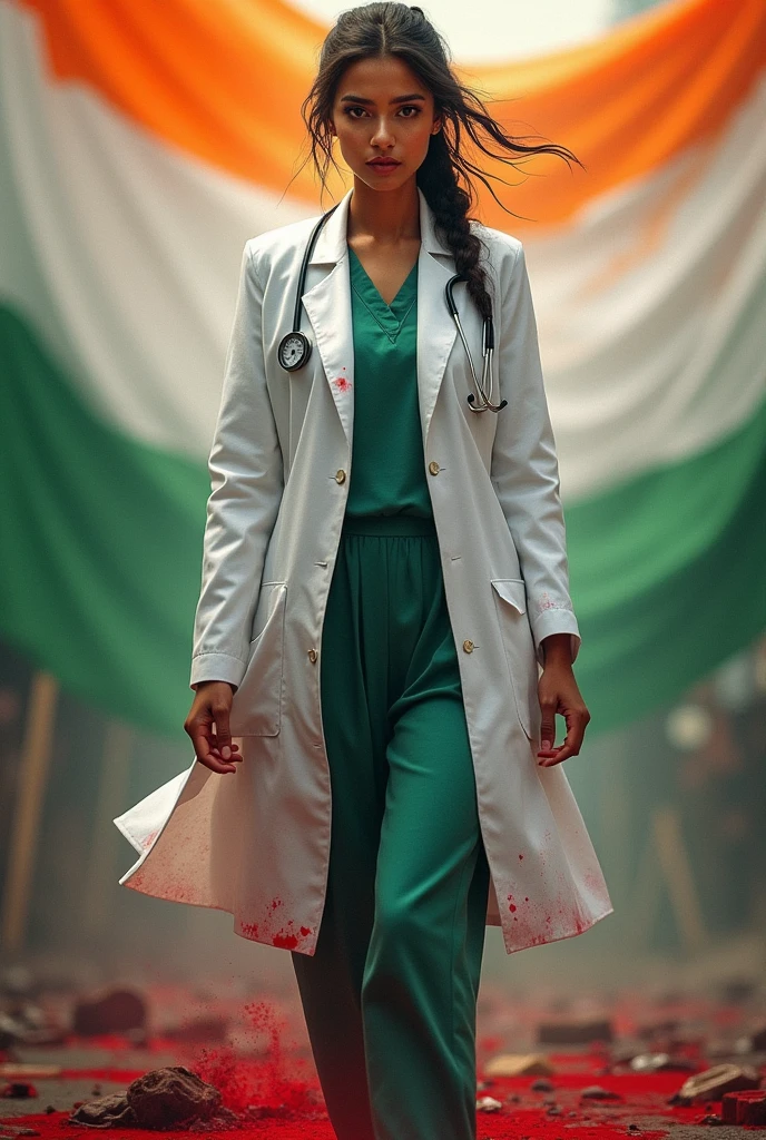 Female Doctor in white coat in blood on indian independence day