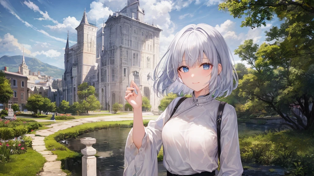Ultra HD,Look at the viewers, Place your hands behind your back, and, 20-year-old, 非常にshort hair, Long bangs between the eyes, Pale blue eyes, Very detailed,(masterpiece、Highest quality),Gray Hair、Laughter、wonderful, Silver Hair, iris, short hair、 Fluttering Hair、Small face、明るいsmile、(Detailed face) ,Professional Lighting,wonderful風景,blue sky, sunlight,Looking down from above,Portraiture、Open your mouth、Flower Field、Her eyes were shining、Mysterious and enchanting atmosphere。With AI Painting、andてもshort hair, Long bangs between the eyes, Very detailed,(masterpiece、Highest quality)、alone、Gray Hair、Fantasy, Silver Hair, Fantasyな風景、smile、Open your mouth、short hair、short hair、hairpin、black eye、Grey Eyes、Beautiful Eyes、Black Shirt、White hoodie