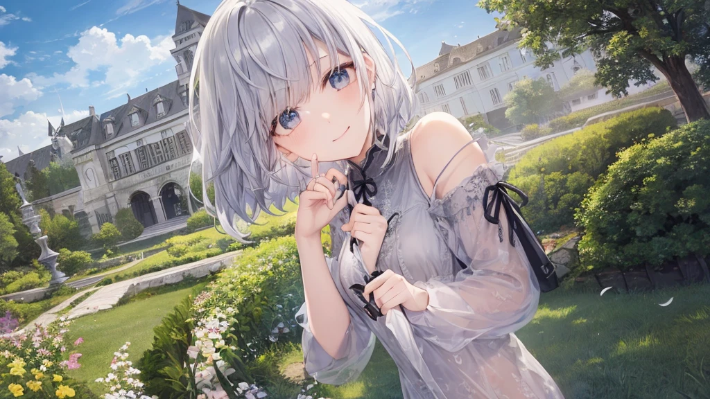 Ultra HD,Look at the viewers, Place your hands behind your back, and, 20-year-old, 非常にshort hair, Long bangs between the eyes, Pale blue eyes, Very detailed,(masterpiece、Highest quality),Gray Hair、Laughter、wonderful, Silver Hair, iris, short hair、 Fluttering Hair、Small face、明るいsmile、(Detailed face) ,Professional Lighting,wonderful風景,blue sky, sunlight,Looking down from above,Portraiture、Open your mouth、Flower Field、Her eyes were shining、Mysterious and enchanting atmosphere。With AI Painting、andてもshort hair, Long bangs between the eyes, Very detailed,(masterpiece、Highest quality)、alone、Gray Hair、Fantasy, Silver Hair, Fantasyな風景、smile、Open your mouth、short hair、short hair、hairpin、black eye、Grey Eyes、Beautiful Eyes、Black Shirt、White hoodie