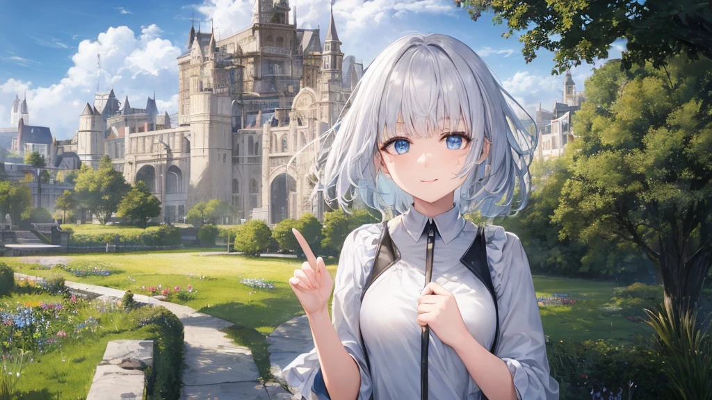 Ultra HD,Look at the viewers, Place your hands behind your back, and, 20-year-old, 非常にshort hair, Long bangs between the eyes, Pale blue eyes, Very detailed,(masterpiece、Highest quality),Gray Hair、Laughter、wonderful, Silver Hair, iris, short hair、 Fluttering Hair、Small face、明るいsmile、(Detailed face) ,Professional Lighting,wonderful風景,blue sky, sunlight,Looking down from above,Portraiture、Open your mouth、Flower Field、Her eyes were shining、Mysterious and enchanting atmosphere。With AI Painting、andてもshort hair, Long bangs between the eyes, Very detailed,(masterpiece、Highest quality)、alone、Gray Hair、Fantasy, Silver Hair, Fantasyな風景、smile、Open your mouth、short hair、short hair、hairpin、black eye、Grey Eyes、Beautiful Eyes、Black Shirt、White hoodie