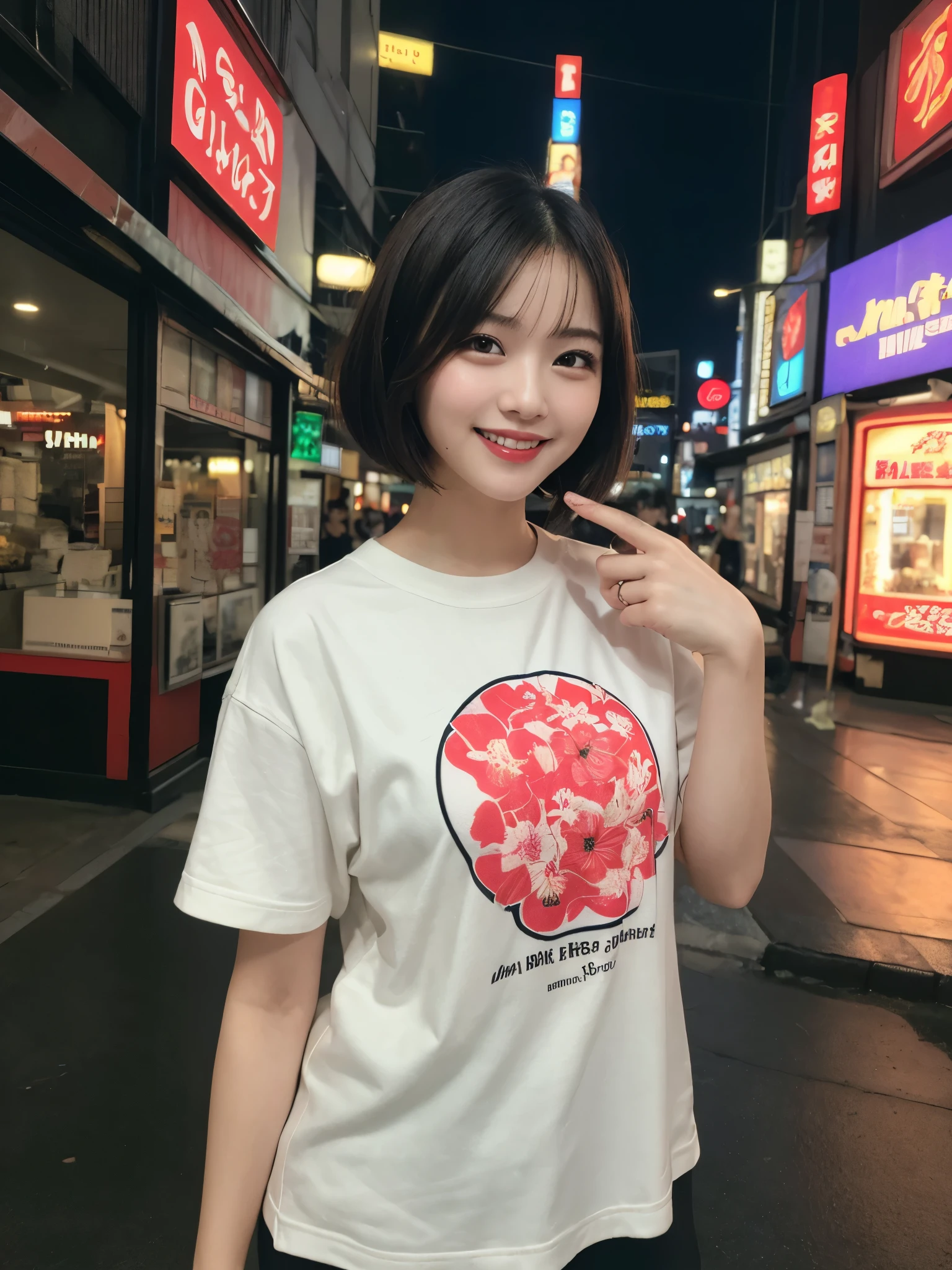  1girl, , cute and beautiful, short bob hair, solo, highres, best_quality, masterpiece, detailed_background, intricate_details, beautiful, osaka, dotonbori, neon_lights, night, casual_clothes, trendy_clothes, smile, looking_at_viewer, dynamic_pose, natural_pose, candid, happy