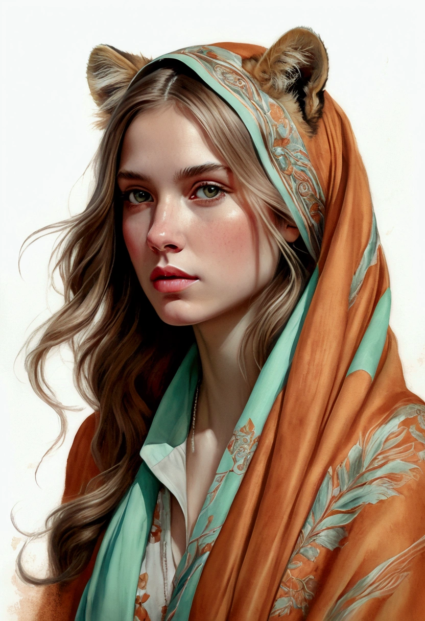"a (full-length) illustration in a soft style that mixes realism and watercolor of a young woman with an introspective and serene expression. She will be portrayed with long, wavy hair in light brown tones, which fall gently over her shoulders. with special attention to clear and expressive eyes that appear. young woman wears romantic-inspired clothing with detailed prints and mint tones, including an orange and mint shawl that partially covers her head with the image of a powerful lioness, who faces the lens, her fur and beautiful and bright The background should be neutral or white to highlight the details of the character, capture the viewer's attention The color palette should include soft tones that complement the style and calm atmosphere of the image Detailed matte painting, deep colors, fantastic details. and intricate, splash screen, complementary colors, fantasy concept art, 8k resolution, trends in Artstation Unreal Engine 5"