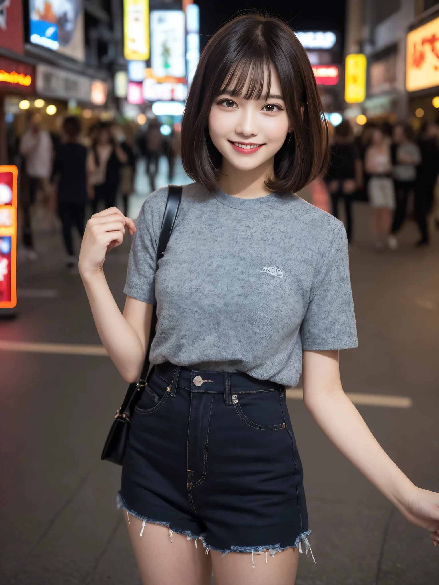 1girl, , cute and beautiful, short bob hair, solo, highres, best_quality, masterpiece, detailed_background, intricate_details, beautiful, osaka, dotonbori, neon_lights, night, casual_clothes, trendy_clothes, smile, looking_at_viewer, dynamic_pose, natural_pose, candid, happy