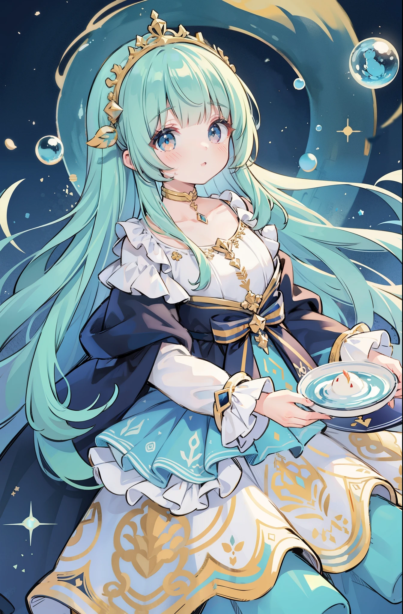 masterpiece, best quality, 8k resolution, sharp focus, intricate detail, beautiful girl, sparkling eyes, golden ratio face, otherworldly liquid, watercolor, cool colors, bright colors, whimsical, colorful, sharp focus, high resolution, fine detail, ((layered tiered puffy long sleeves ballgown)), ((round eyes)), iridescent bubbles, fantasia background