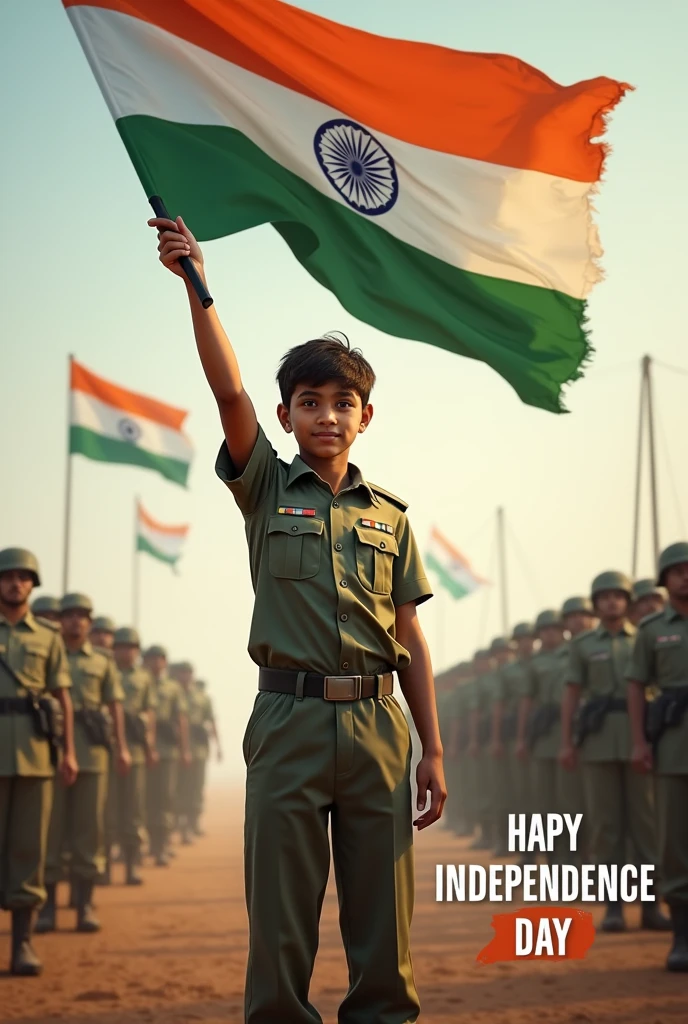 A 18 year old boy with Indian flag with Indian army in side and in one corner write "Happy Independence day"