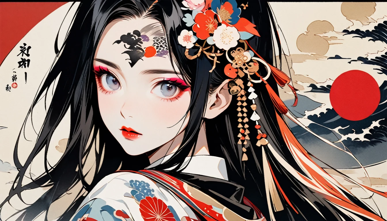 (((Ink Painting))), Fashion portrait color photos, (((1 girl))), (((Tattoo in the center of the forehead))), (((Very flashy hair accessories))), (((Very flashy makeup))), Japanese style headphones, face close-up, Japanese beautiful girl, Black Hair, Delicate and precise, Modern ukiyo-e style,Japan, Japanese flag