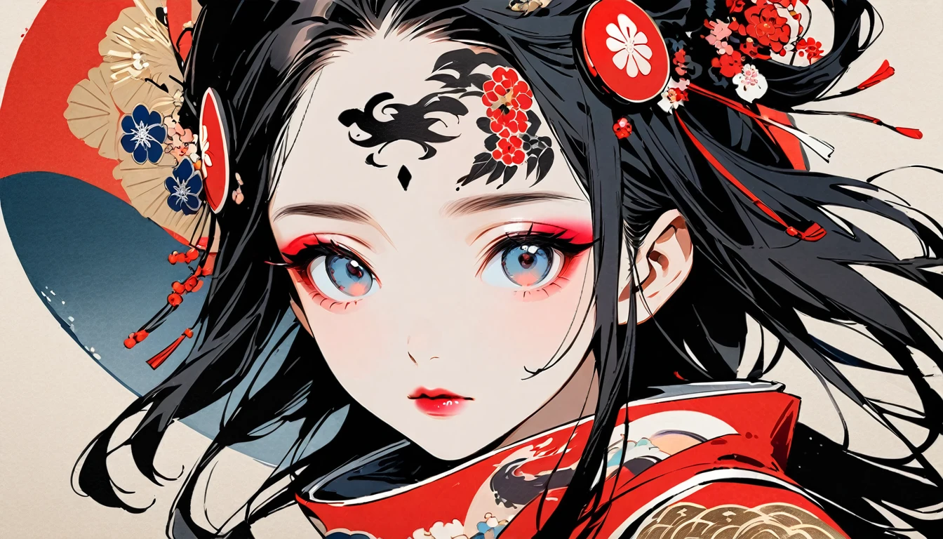 (((Ink Painting))), Fashion portrait color photos, (((1 girl))), (((Tattoo in the center of the forehead))), (((Very flashy hair accessories))), (((Very flashy makeup))), Japanese style headphones, face close-up, Japanese beautiful girl, Black Hair, Delicate and precise, Modern ukiyo-e style,Japan, Japanese flag