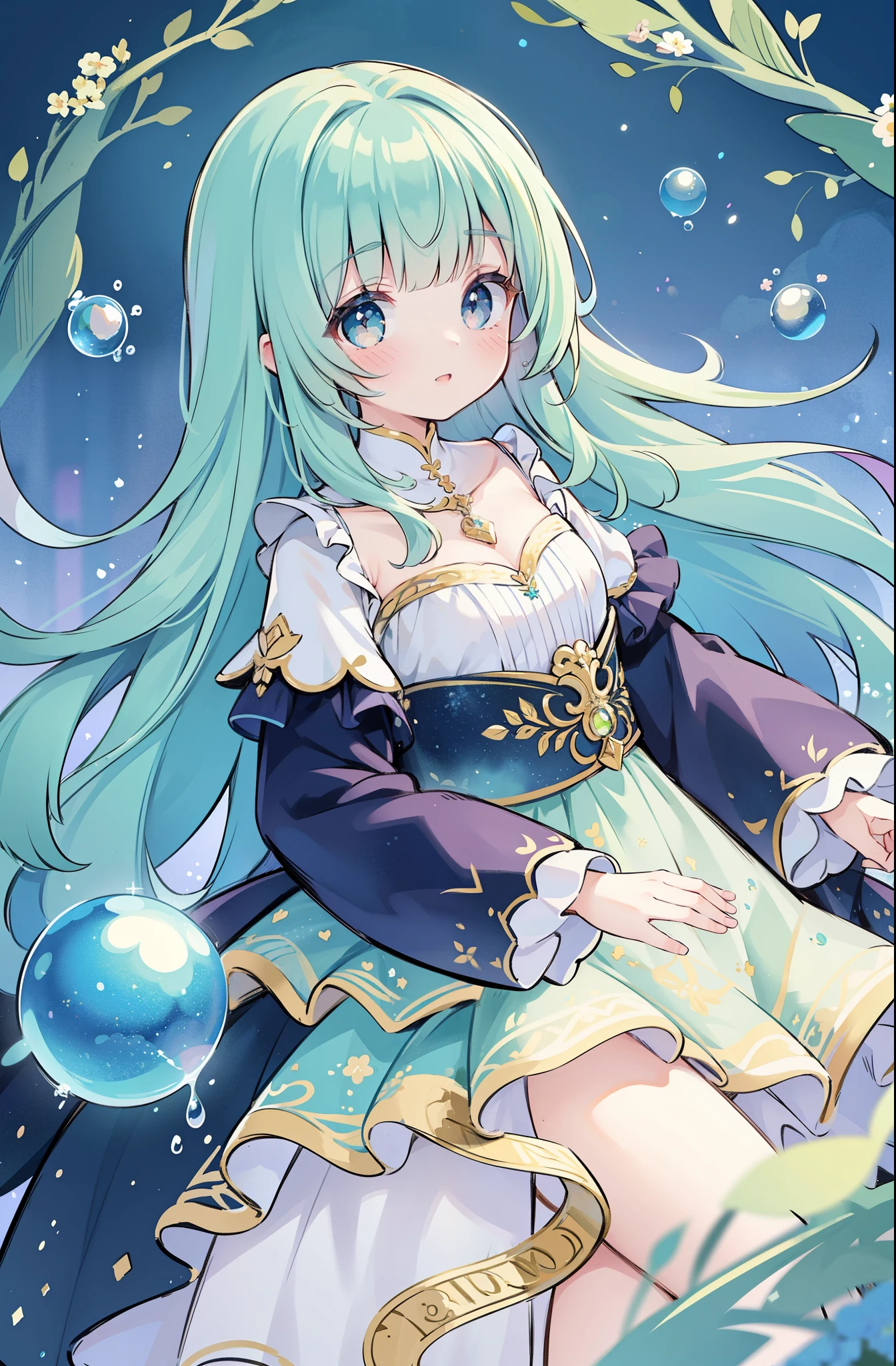 masterpiece, best quality, 8k resolution, sharp focus, intricate detail, beautiful girl, sparkling eyes, golden ratio face, otherworldly liquid, watercolor, cool colors, bright colors, whimsical, colorful, sharp focus, high resolution, fine detail, ((layered tiered puffy long sleeves ballgown)), ((round eyes)), iridescent bubbles, fantasia background
