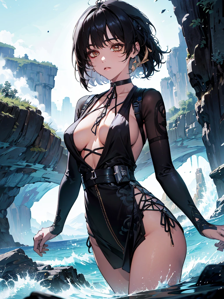 (masterpiece, ultra-detailed, high contrast, high resolution, official illustration)
Photo of the upper body of a beautiful with small breasts. She looks like the character Female Rover from the computer game Wuthering Waves. He has black hair and golden eyes.