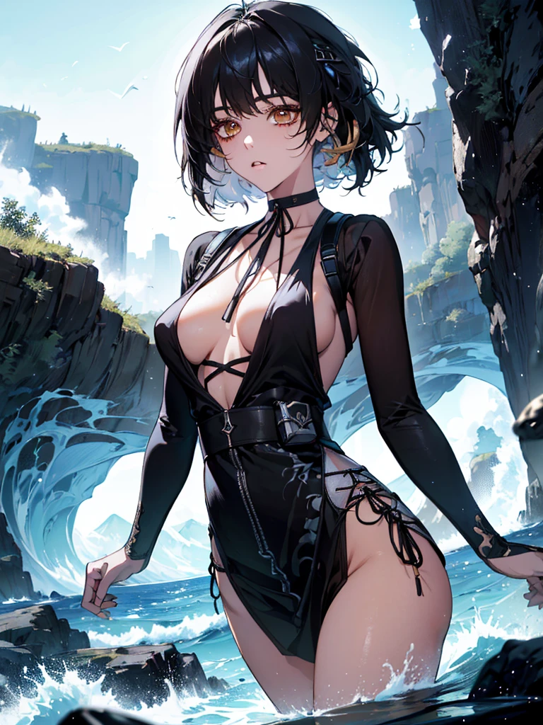 (masterpiece, ultra-detailed, high contrast, high resolution, official illustration)
Photo of the upper body of a beautiful  with small breasts. She looks like the character Female Rover from the computer game Wuthering Waves. He has black hair and golden eyes.