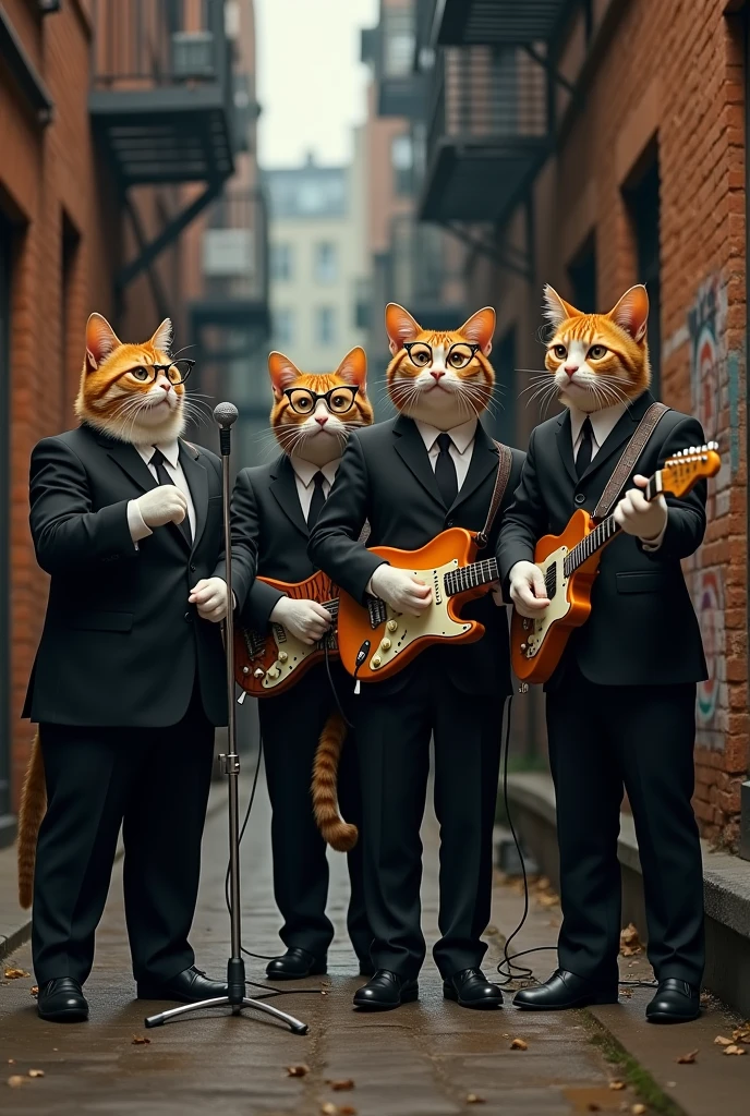 Well-dressed cats in black suits and round glasses playing the Beatles in a New York alley