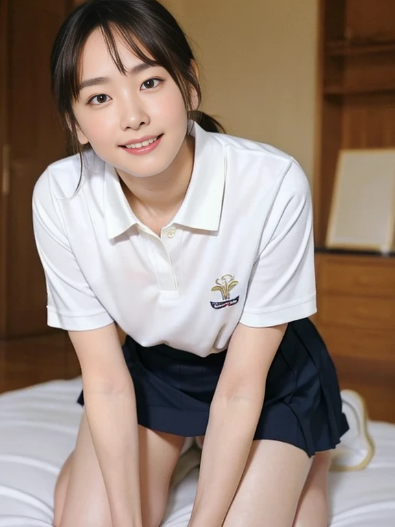(Masterpiece, Best quality:1.3), (Ultra realistic, Photo-realistic:1.2), Natural light, 28 years old actress, Japanese beautiful 2 women, Neat and clean, (White damaged tennis uniform, White short-sleeve polo shirt with darknavy line collar:1.1), (unbutton:1.2), (White pleated skirt:1.1), white sock, (ponytail:1.2), (Beautiful faces), Oval face, clear, Beautiful eyes, Kind eyes, Clear skin, Small face, Beautiful mouth, Small mouth, Natural makeup, Approachable, Seductive smile, (Seductive pose:1.2), Beautiful thighs, Bedroom eyes, Embarrassed, Blush, Luxury hotel Suite room, On bed, (nsfw:1.2), obscene reality of girls, (lesbian couple, petting together:1.1), looking at each other, grabbing crotch, (erotic touch, kneeling, restraint:1.1)